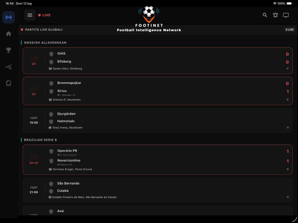 Live Matches Center Interface